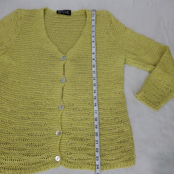 Castle of Ireland Knitwear Open Knit Lime Green Cardigan Sweater Shell Buttons M - Picture 9 of 11